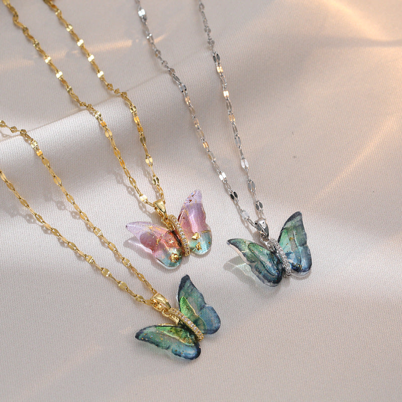 Butterfly Rhinestone Titanium Steel Necklace