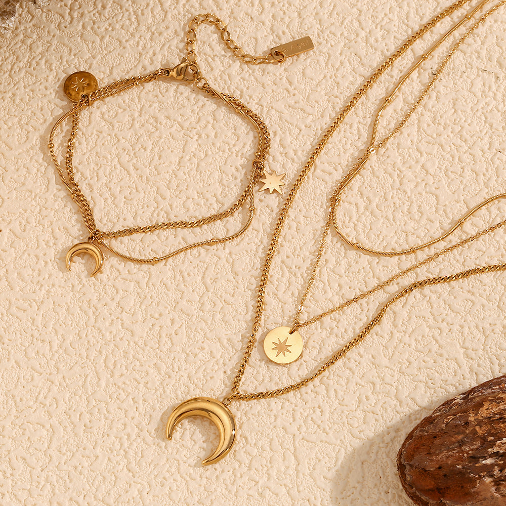 Layered Crescent Moon Star Necklace and Bracelet Set