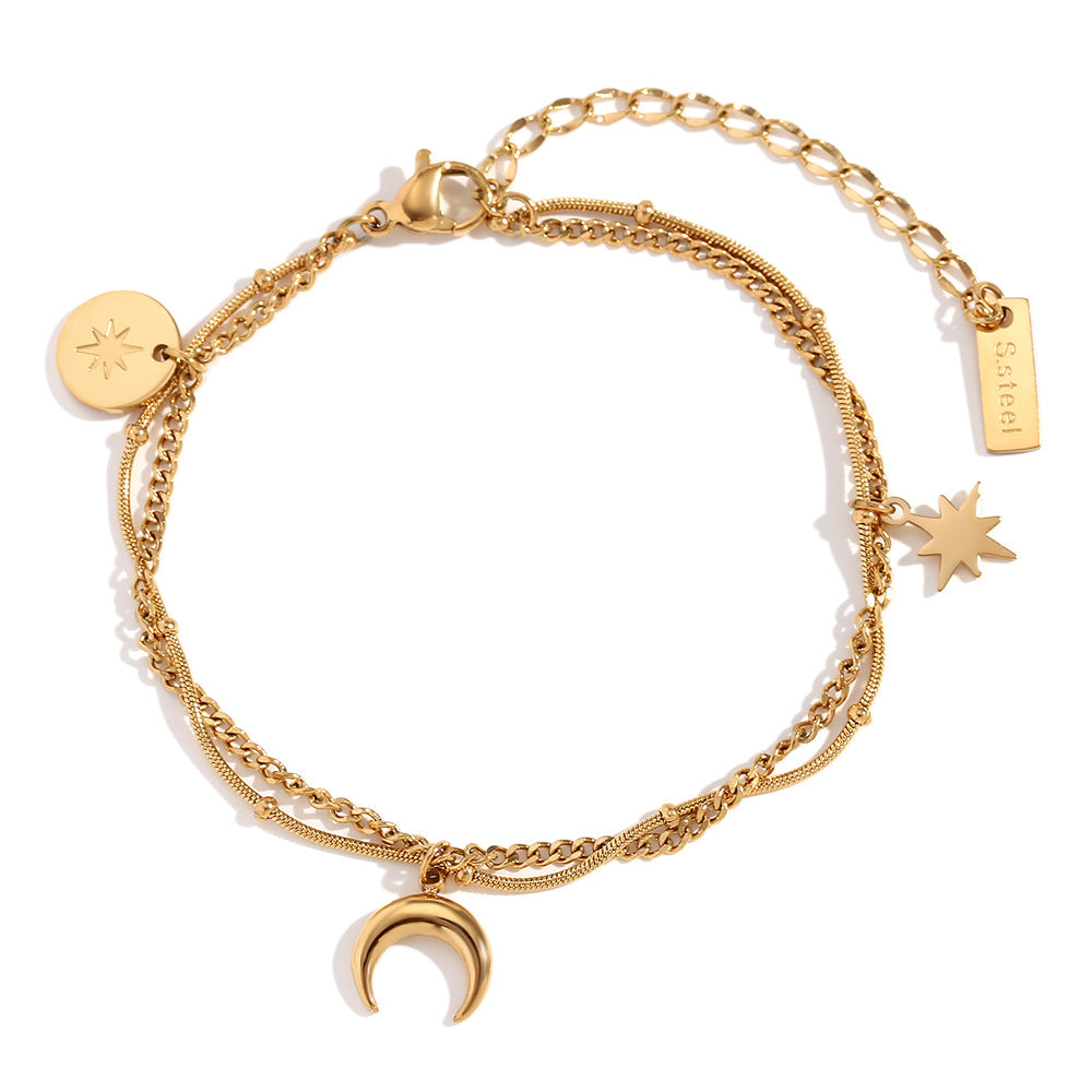 Layered Crescent Moon Star Necklace and Bracelet Set