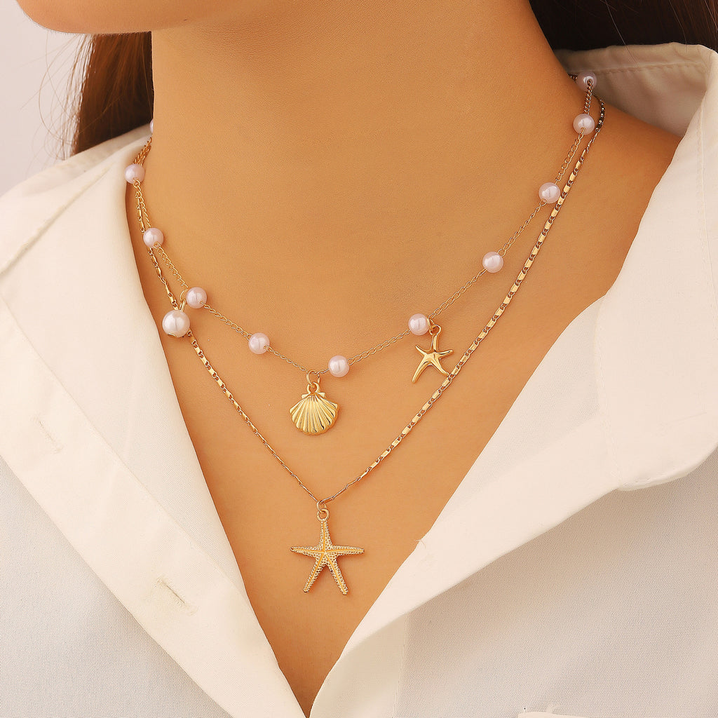 Shell and Pearl Multi-layer Necklace, Fashionable and Bold Layered Necklace