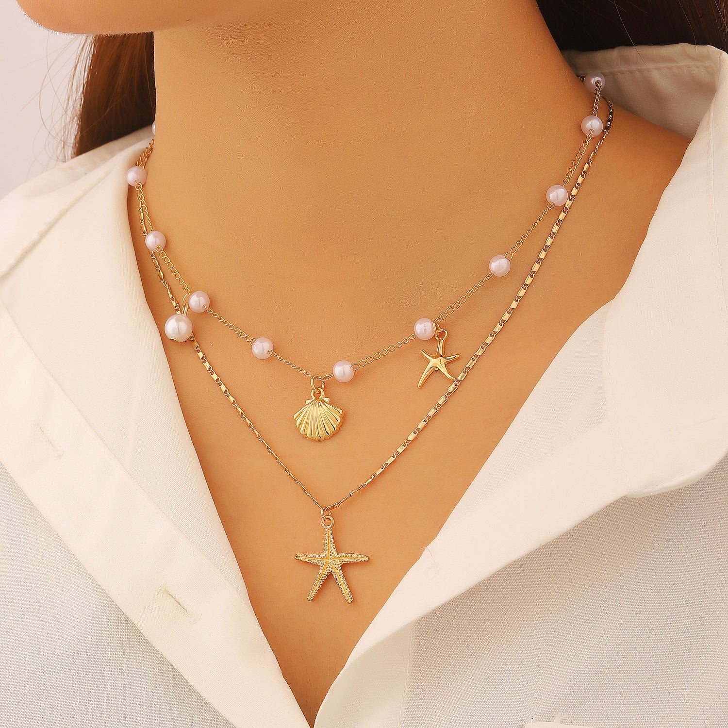 Shell and Pearl Multi-layer Necklace, Fashionable and Bold Layered Necklace