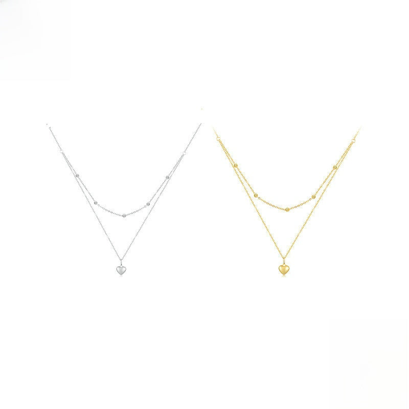 S925 Sterling Silver Heart Necklace Double Layer Clavicle Chain