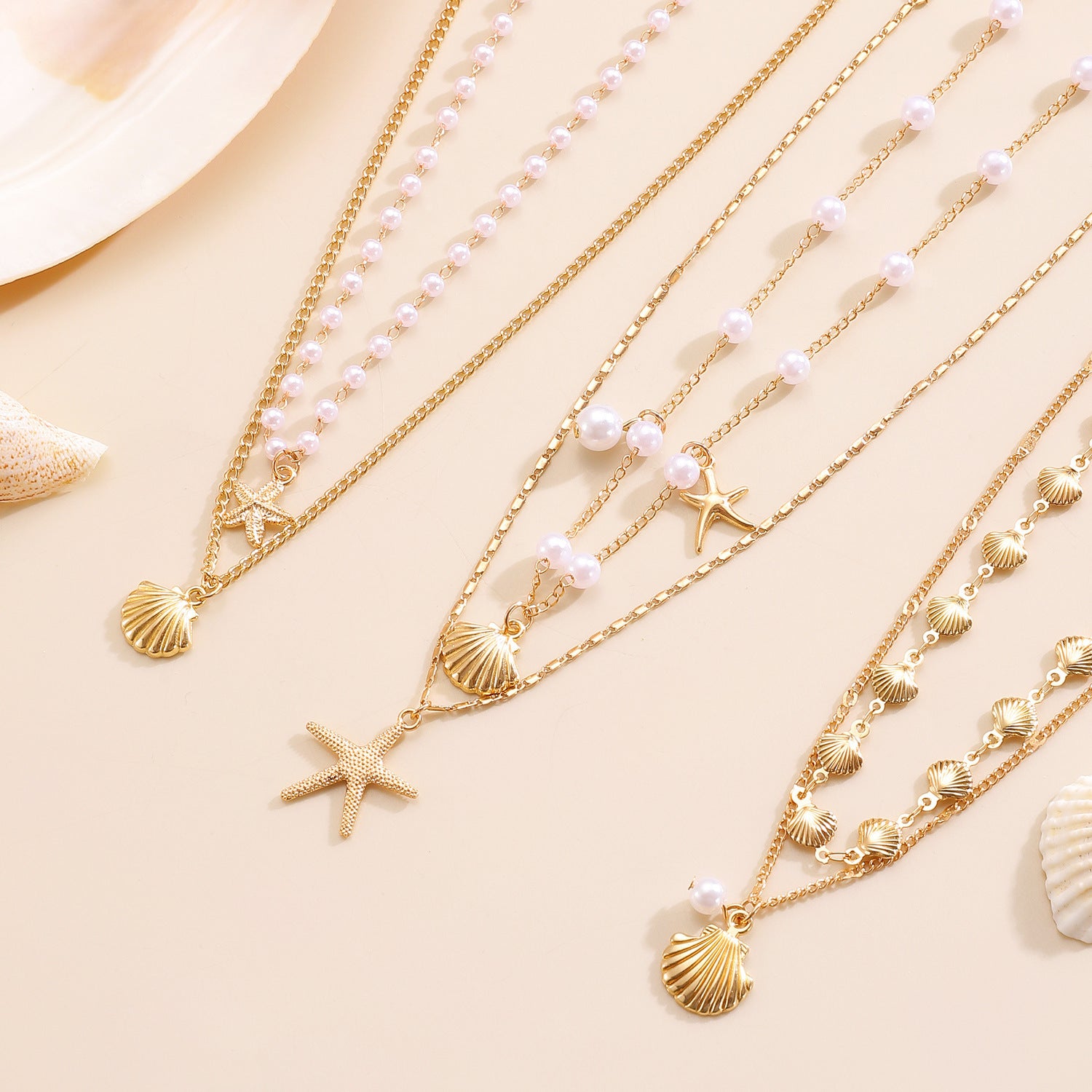 Shell and Pearl Multi-layer Necklace, Fashionable and Bold Layered Necklace