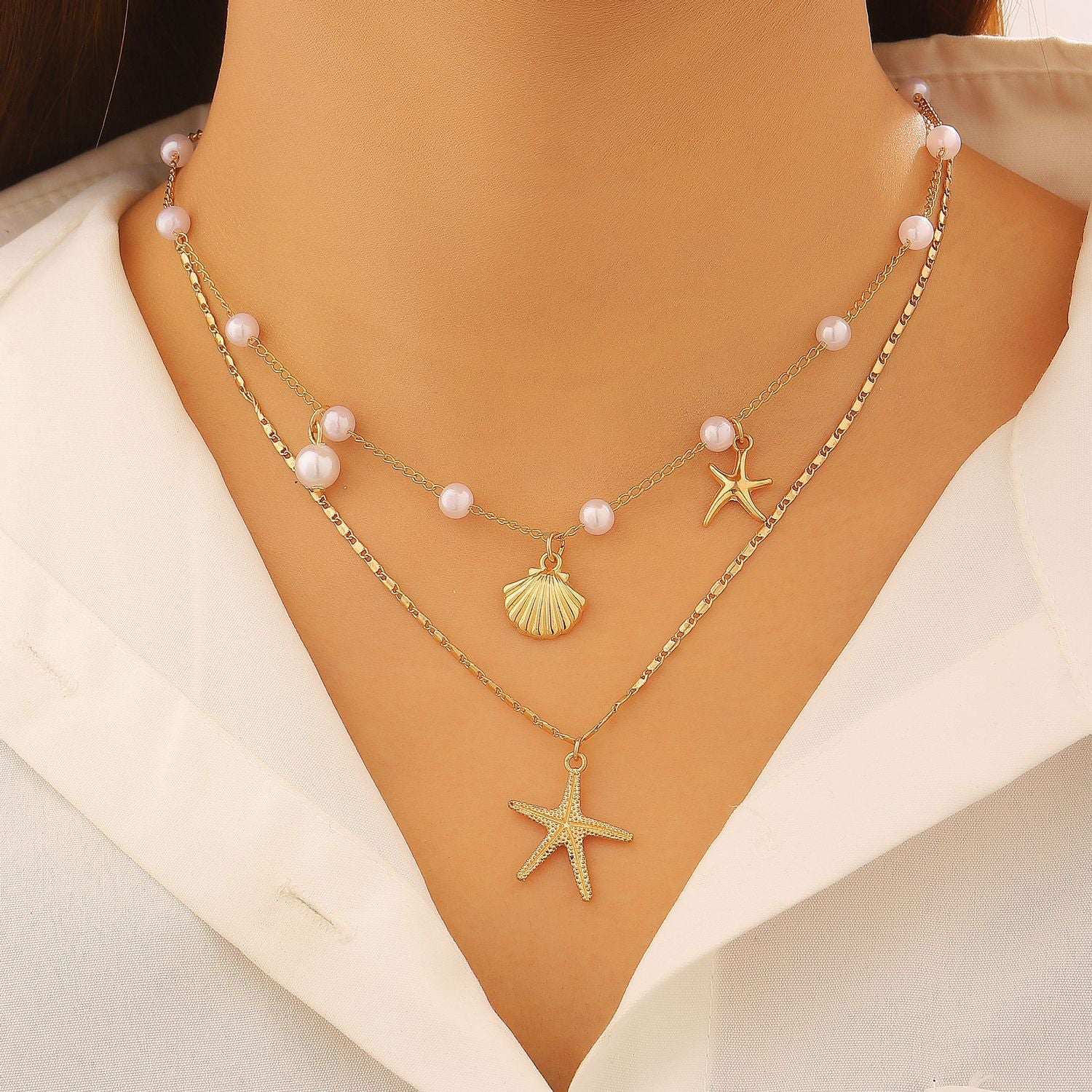 Shell and Pearl Multi-layer Necklace, Fashionable and Bold Layered Necklace