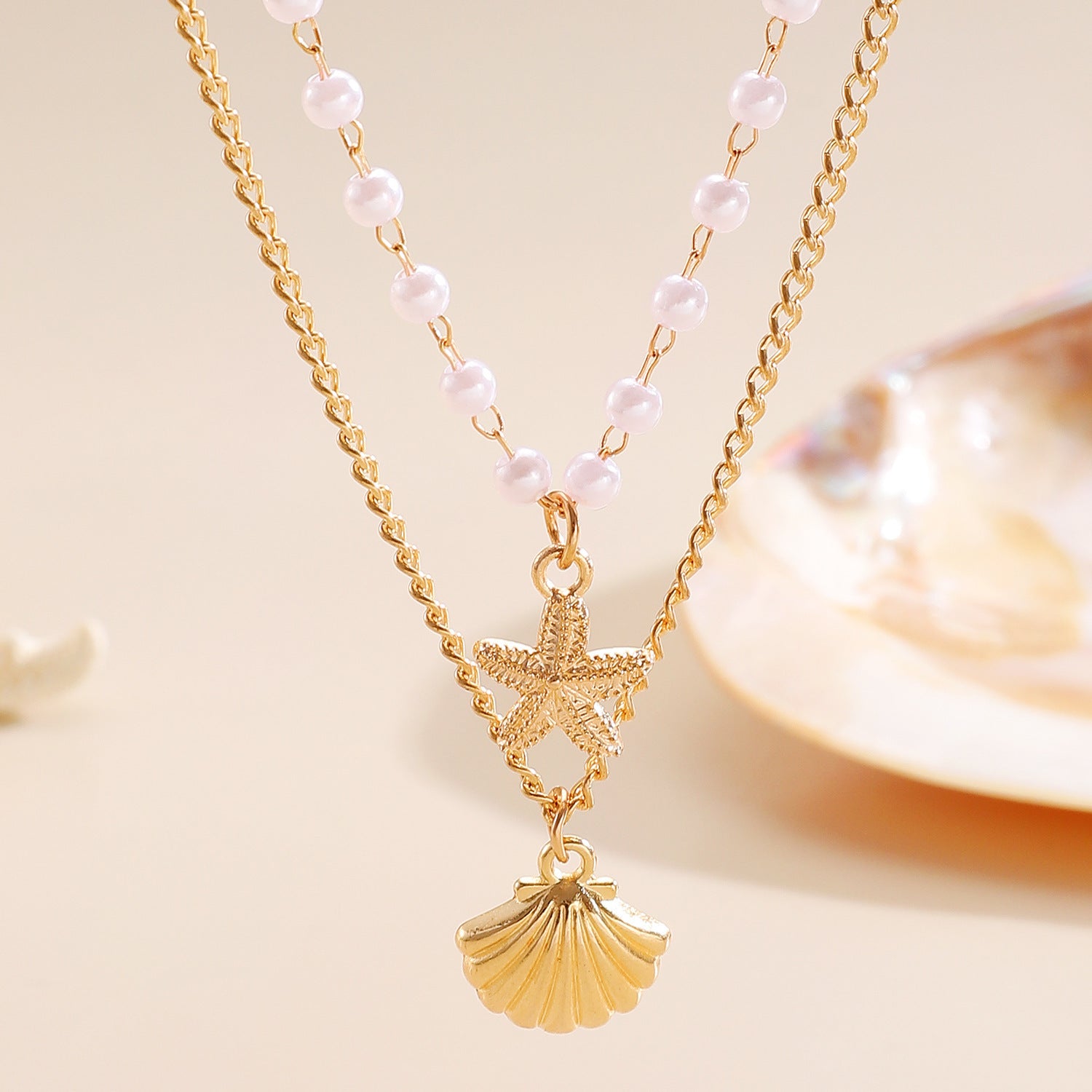Shell and Pearl Multi-layer Necklace, Fashionable and Bold Layered Necklace